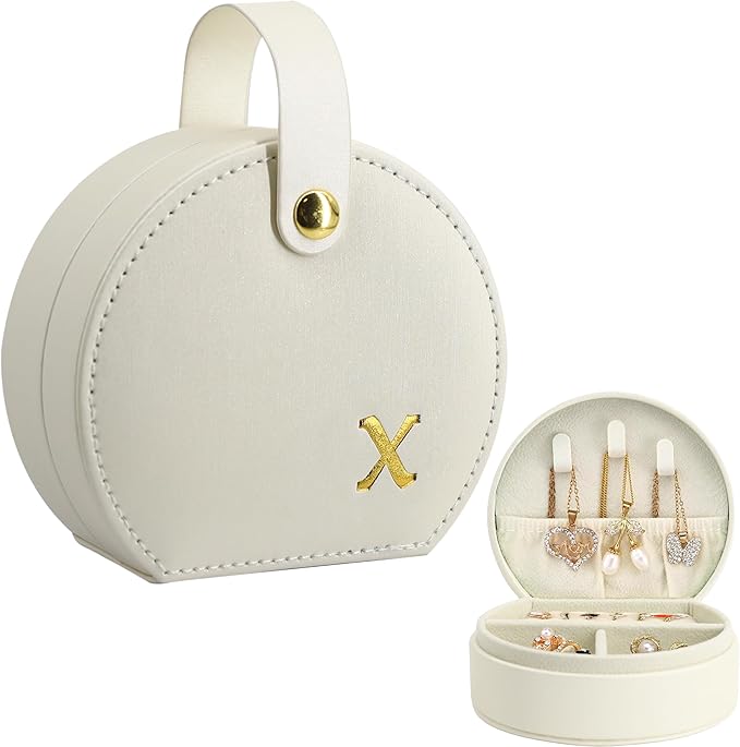 COLLECTIVE HOME - Travel Jewelry Case, Elegant Half-Moon Design with Gold Monogram, Detachable Handle, Personalized Accessory Organizer, Gift for Fashion-Forward Women and Teens (x)