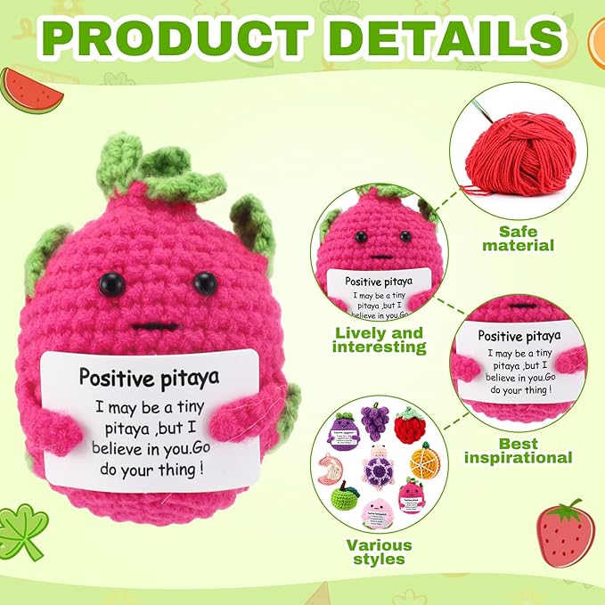 VioraWhite 18 Pcs Fruit Animals Positive Emotional Dolls Bulk Encouragement Emotional Knitted Crochet Gifts with Positive Words for Friends Coworker Decorations for Home Office