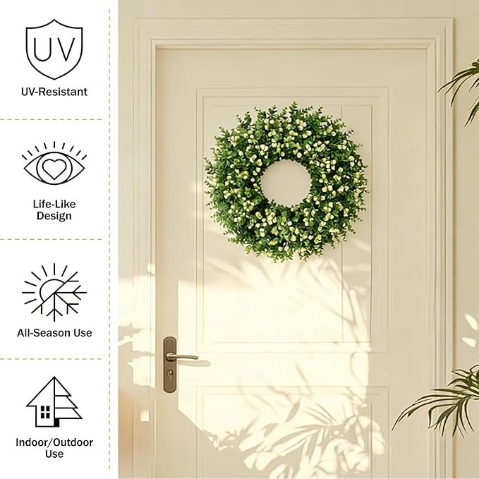 24" Faux Large Preserved Eucalyptus Wreath with Baby's Breath - Waterproof Spring & Summer Greenery Floral Wreath for Front Door, Porch, Wall, Window - Indoor & Outdoor All Seasons Home Décor