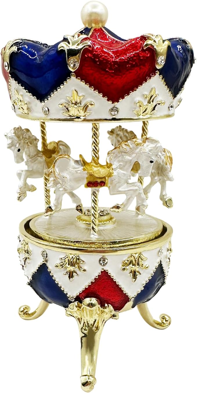 Carousel Music Box Figurine Red/Blue Diamond Pattern, Pearl Top & Spinning Mechanism, Unique Home Decor & Gift Idea