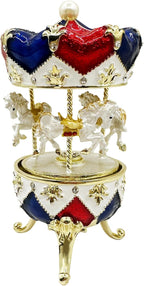 Carousel Music Box Figurine Red/Blue Diamond Pattern, Pearl Top & Spinning Mechanism, Unique Home Decor & Gift Idea