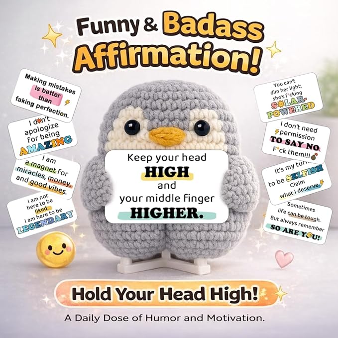 Funny Friendship Gift - Cute Crochet Penguin with 30 Badass Affirmation Cards for Women Best Friends Bestie Coworkers - Birthday Gifts, Easter Basket Stuffers, Emotional Support Animal Gift for Her