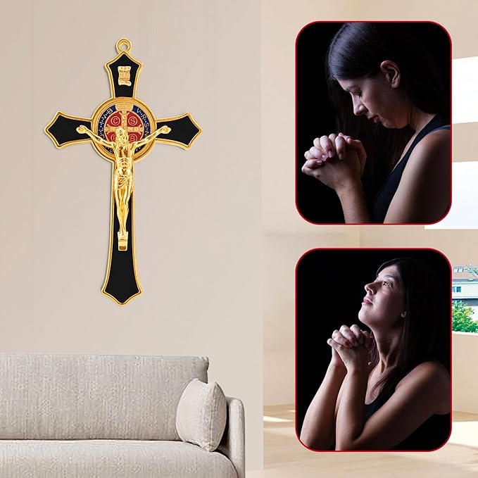 St Benedict Crucifix Black,Crucifix Wall Cross for Catholic Decor,Medalla De San Benito,Jesus Christ Hanging Cross Wall Decor,Crucifijo Del Perdon,Saint Benedict Medal Prayer for Home Decoration