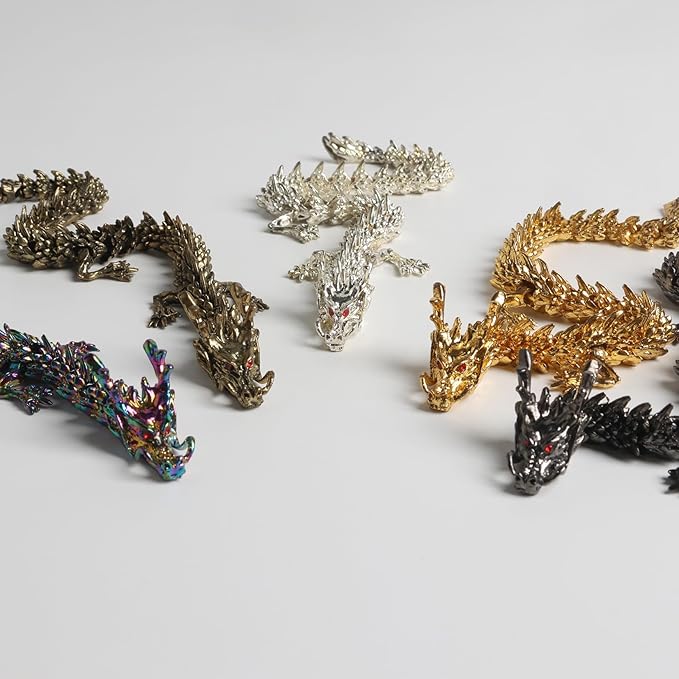 LIYAOLI 5 Pcs Metal 3D Printed Articulated Chinese Dragon Figurine Statue Bookshelf Decor 9 Inch Flexible Joints Luck Dragon for Home Office Desk Decoration