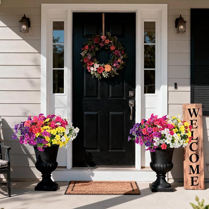 INQCMY Artificial Fake Flowers for Outdoor Spring Decoration,12 Bundles Faux Silk Colorful Morning Glory with Eucalyptus UV Resistant Realistic Fake Plants for Outside Planter Porch Patio Yard Garden