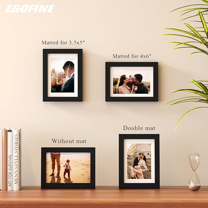 Egofine 5x7 Picture Frames Set of 4, Made of Solid Wood Covered by Plexiglass 3.5x5 and 4x6 with Mat or 5x7 without Mat, for Table Top Display and Wall Mounting Photo Frame Black