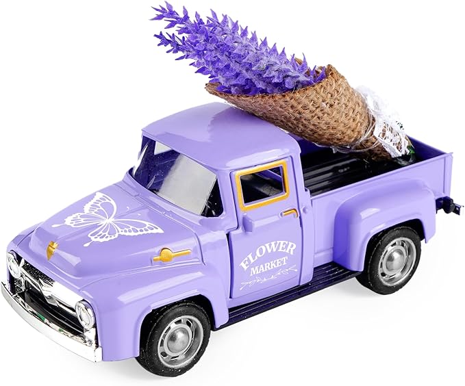 Lavender Truck Decor with Flowers, Purple Floral Pickup Truck with Butterfly, Rustic Farmhouse Tabletop Centerpiece, Spring Country Home Office Kitchen Tiered Tray Decor