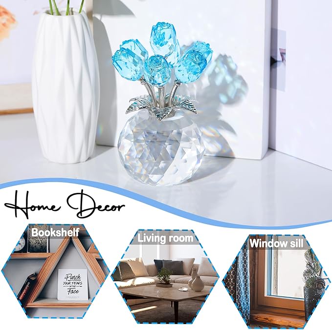 Arikyrist Crystal Lake Blue Rose Bouquet Figurine with Round Vase Gifts for Her, Glass Rose Flower Romantic Keepsakes for Women Mom on Christmas, Collectible Decoration Table Centerpiece for Home