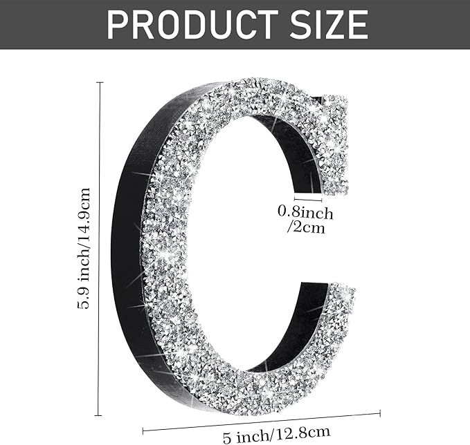 Qunclay 5.7" Silver Crystal Diamond Bling Letters Crushed Diamond Decoration Wooden Glitter Letter with Screw and Hooks Rhinestone Gift for Wedding Y2k Mcbling Bedroom Wall Decor (Letter C)