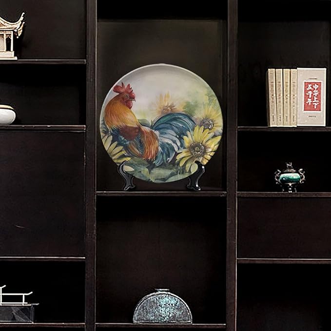Rooster Decorative Ceramic Plates, 10 Inch, Sunflower Rooster Round Display Plate, Table Top Plate Decor with Stand, for Kitchen Party Coffee Table Decor Art