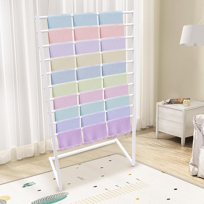 Scarf Display Stand, 10 Tier Metal Scarf Holder Organizer, Freestanding Scarf Rack, for Hanging Towels, Scarves, Clothes, Shawls, Blankets, Bandana, for Commercial Clothing Retail Store (White)