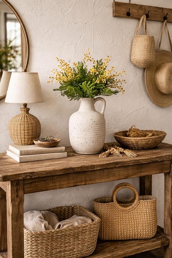SIDUCAL Rustic Ceramic Farmhouse Flower Vase with 1 Handle-Height 8.43" Terracotta Vase, Unique Textured Pottery Flower Vases for Home Decor, Table, Wedding, Living Room, Shelf Decor, Speckled White