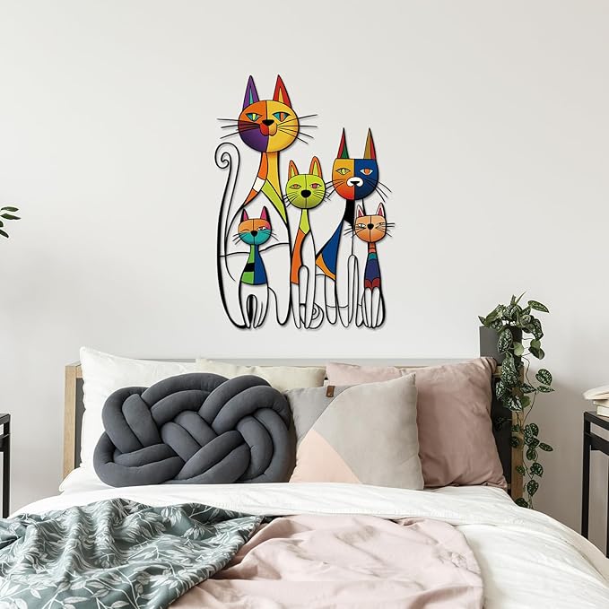 Wesiti Cat Wall Art Decor Iron Wall Sculptures Decor for Cats Lover 10.6 x 15.7 Inches Colorful Mid Century Cat Retro Signs for Home Living Room Bedroom Kitchen Office(Glamorous)