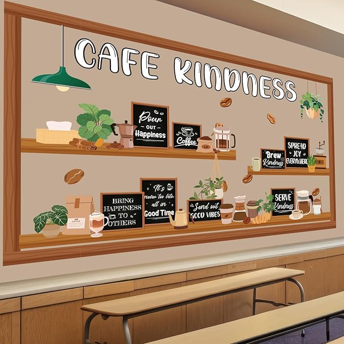 Pajean Cafe Kindness Bulletin Board Set Plant Coffee Motivational Classroom Decorations Bookshelf Reading Bulletin Board Inspirational Cutouts for Back to School Library Decor Office Supplies