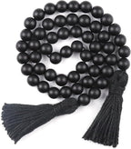 RAMIRABI Wood Beads Garland with Tassels Farmhouse Rustic Prayer Boho Beads for Boho Home Decor, Wall Hanging Decoration (Black)