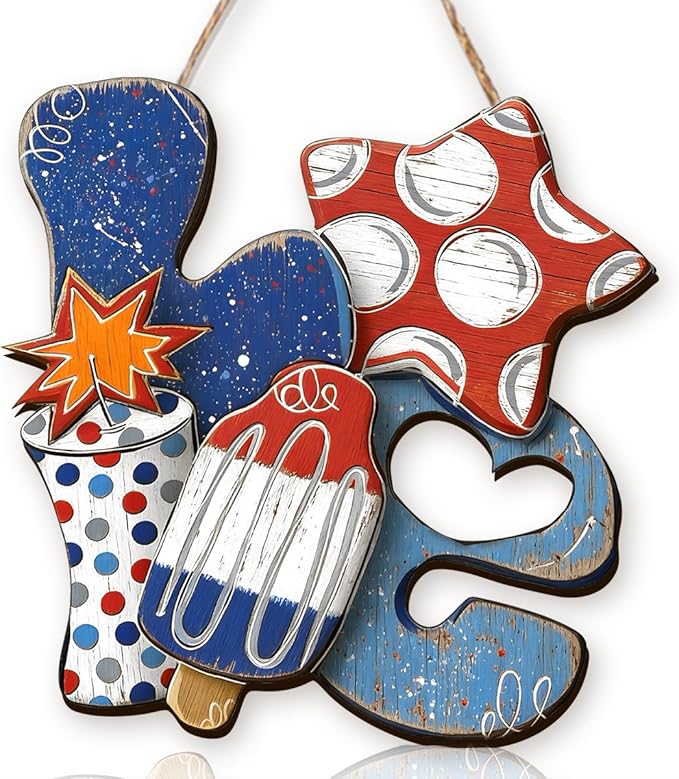 Wooden 4th of July Decorations Patriotic Wreaths for Front Door Independence Day Decorations Star Sign Welcome Memorial Day Hanging for Home Wall Decor Outdoor Indoor Red White and Blue Wreath 8