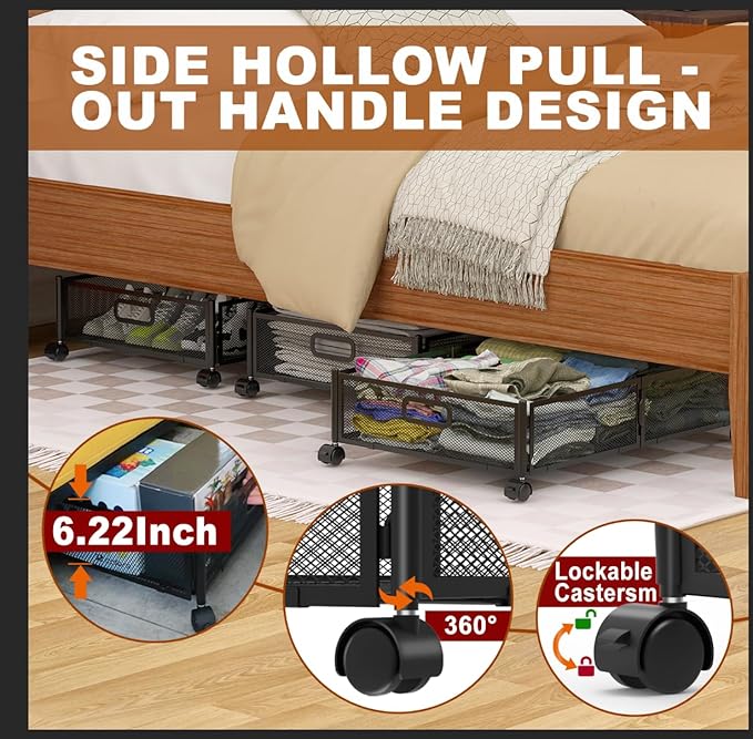 Under Bed Storage Containers,4 Pack Foldable Underbed Storage Containers with Handles and Wheels,Folding Bed Shoes Clothes Organizer,Easy Assembly Underbed Storage for Toy,Bedding,Bedroom(Black)