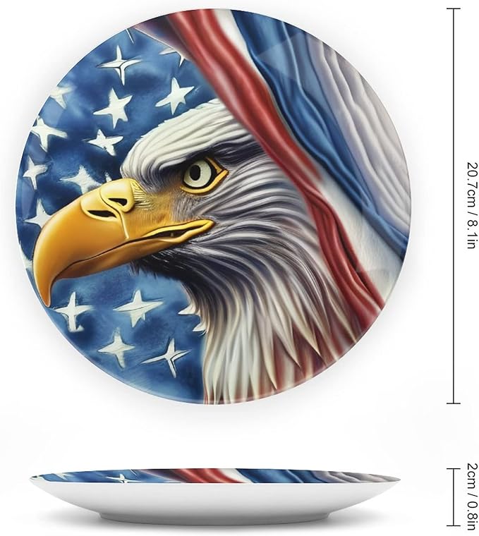 Decorative Plates, Eagle and American Flag Patriotic Display Plate for Home Office Kitchen Table Decor Porcelain Plates 8 Inch, Birthday Gifts