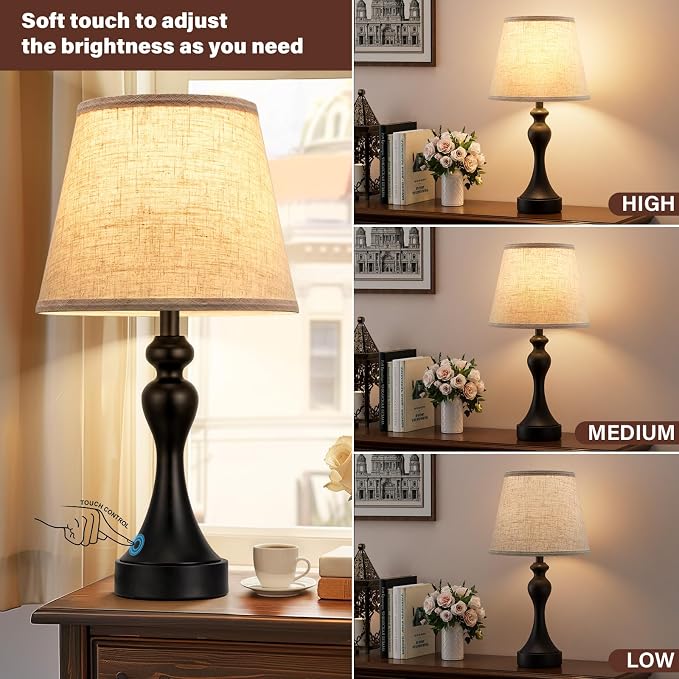 Seealle Touch Lamps for Nightstand - Bedside Lamps Set of 2, 3 Way Dimmable, USB C+A for Bedroom & End Tables (Beige&Black)