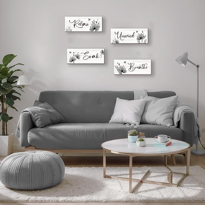 ONIZHITY Set of 4 Black Bathroom Decor With Black Flower Wall Art Inspire Relax Soak Unwind Rustic Farmhouse Wooden Wall Art Ideal for Women's Bedroom, Office, Living Room, Kitchen (10x4)