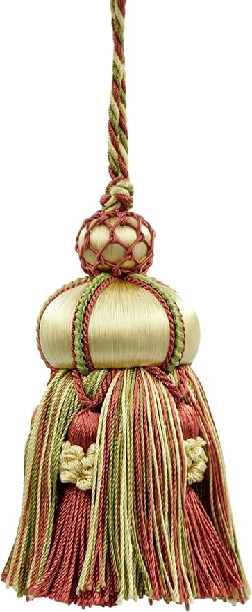 DÉCOPRO Elegant Hand-Crafted 4" (10cm) Key Tassel 3 1/2" (8.5cm) Loop Accented with Crown Tassels (KTAX4) Watermelon Red Multicolor #LX06 (Pink Red Yellow Green White Gold) Individually Sold