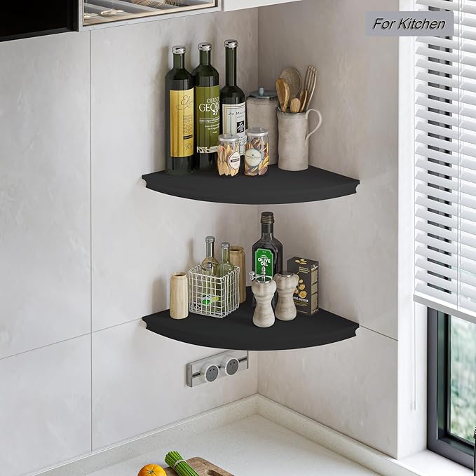 HAO Floating Corner Shelf Invisible Wall Mounted Shelves Radial Shape Cable Wire Hole Pattern Perfect for Bedroom Bathroom Living Room Kitchen Set of 2 Black