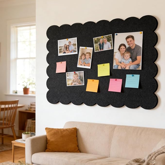 Foldable Decorative Scalloped Felt Bulletin Board 24 * 16 Inches for Wall, Alternative Photo Board Self-Adhesive Vision Board Decorative Pin Board for Wall (Black)