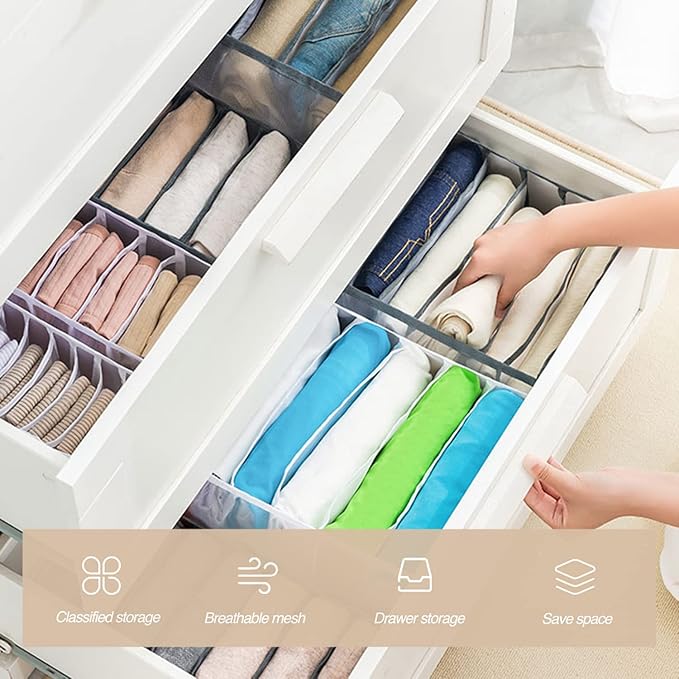 Wardrobe Clothes Organizer 7 Grids Portable Closet Organizer Mesh Separation Storage Box Foldable Closet Drawer Organizer for Underwear Socks Scarves Leggings (Grey, 2 Leggings Grid)