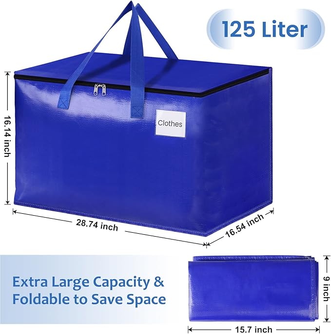 Moving Bags, Storage Bags with Sturdy Handles and Heavy Duty Zippers, Storage Totes for Space Saving, Moving & Storage, Collapsible Moving Supplies(125L, 2-Pack, Blue)