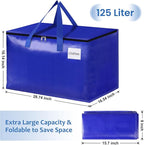 Moving Bags, Storage Bags with Sturdy Handles and Heavy Duty Zippers, Storage Totes for Space Saving, Moving & Storage, Collapsible Moving Supplies(125L, 6-Pack, Blue)