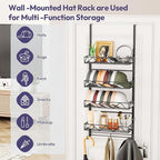 SWTYMIKI Over Door Hat Organizer - 5 Tier Wall Mounted Hat Rack with 4 Adjustable Metal Basket and 3 Hooks, Hanging Baseball Cap Organizer Storage Holds up to 49 Caps for Door, Bedroom, Closet