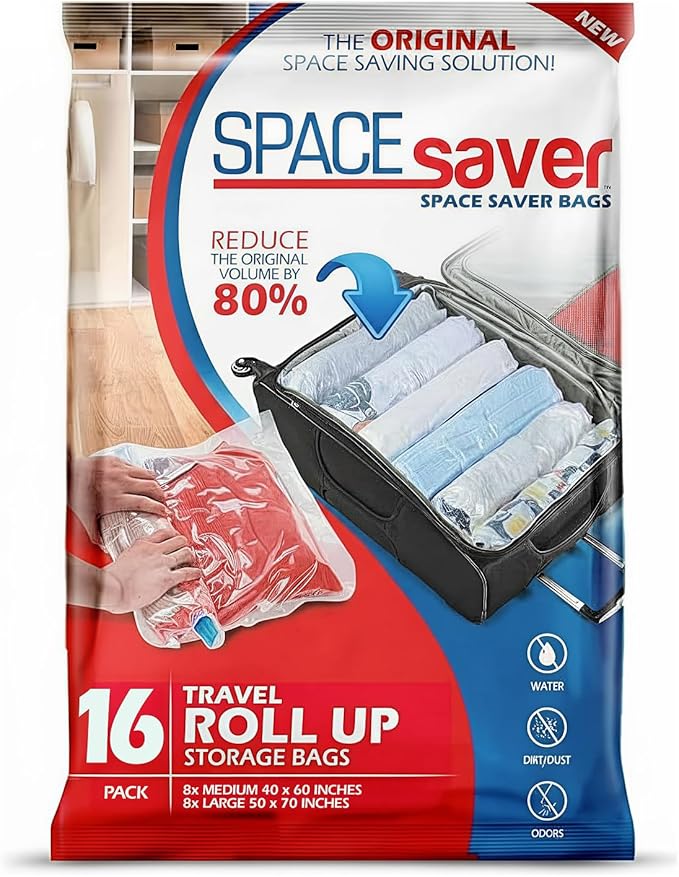Spacesaver 16 Pack Roll Up Vacuum Storage Bags for Blankets & Clothes - Vacuum Sealed Compression Bags with Hand Pump - Space Saver Storage Bag for Bedding, Moving, Travel & Organization (8S & 8M)