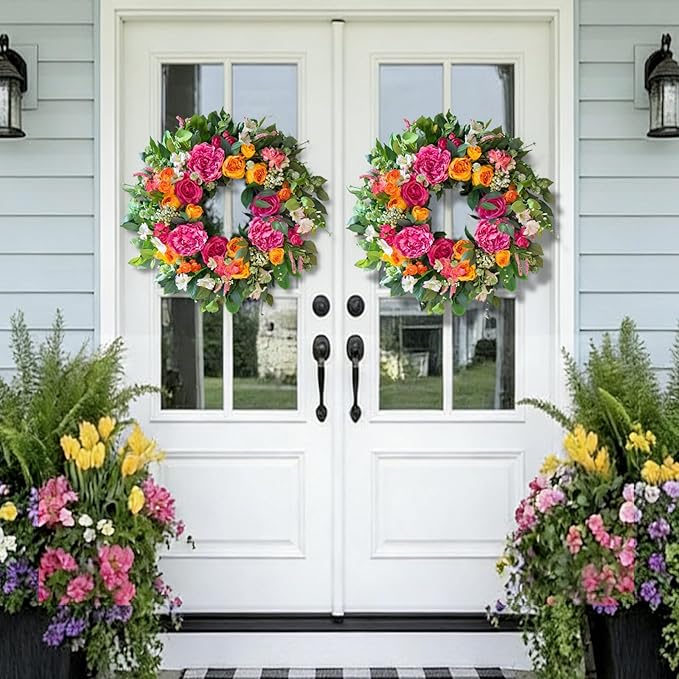 24 Inch Spring Wreaths for Front Door Outside,Handcrafted Garden Rose & Peony Style Summer Wreath with Pink,Orange Ivory Flowers- Lush Spring Door Wreath for Farmhouse Home Wall Porch Window