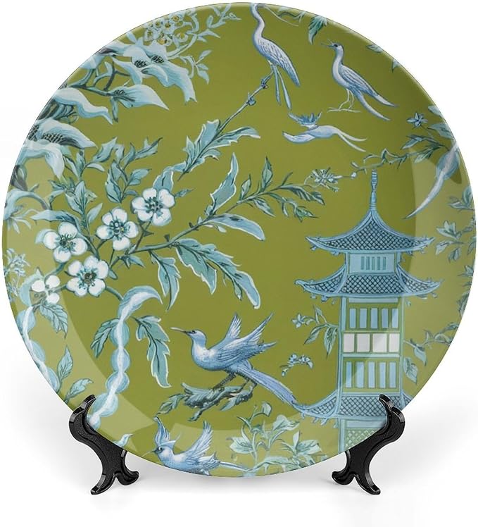 Pagoda Garden Imperial Vintage Plates for Display Asian Green Chinoiserie Household Display Supplies Farmhouse Festival Holiday Party Decorations Personalized Gifts for Men Women Holiday