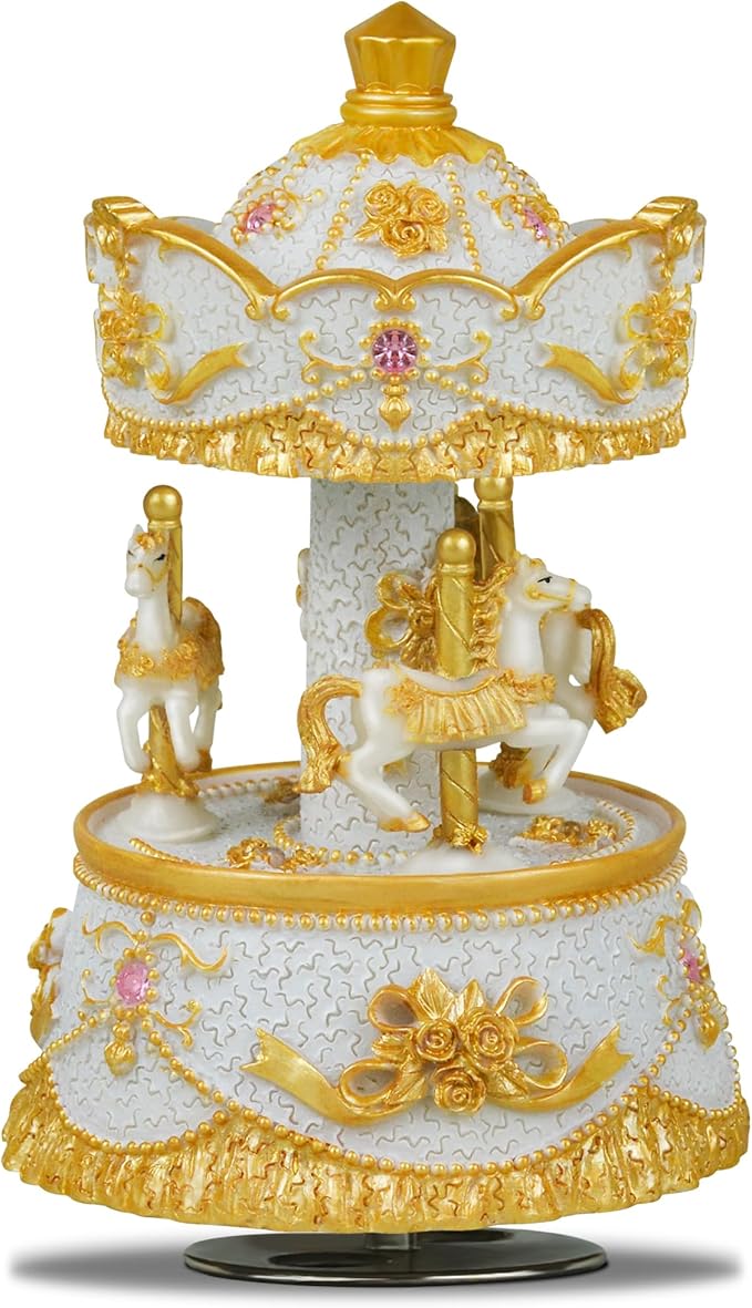 Carousel Music Box，Luxury Color Change LED Light Music Box,Luminous Rotating 3-Horse Musical Box with Gift Box for Girls Birthday Valentine Gift (You are My Sunshine, Light Gold)