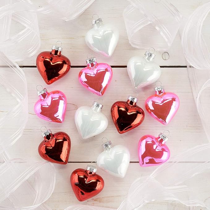 Lillian Vernon Shiny Glass Hearts Valentines Ornaments - 12 Piece Set, Blown Glass, Handcrafted Hanging Tree Decorations, Valentine's Day Holiday & Party Decor, 2" Tall Heart, Red, White & Pink
