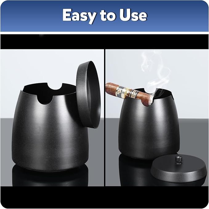 Cigar Ashtray with Lid for Outdoors Indoors Outside Patio Home Black Decor,Large Holder Ash tray Windproof,Cigar Accessories Gift for Men Dad Husband Boyfriend (Extra Large)