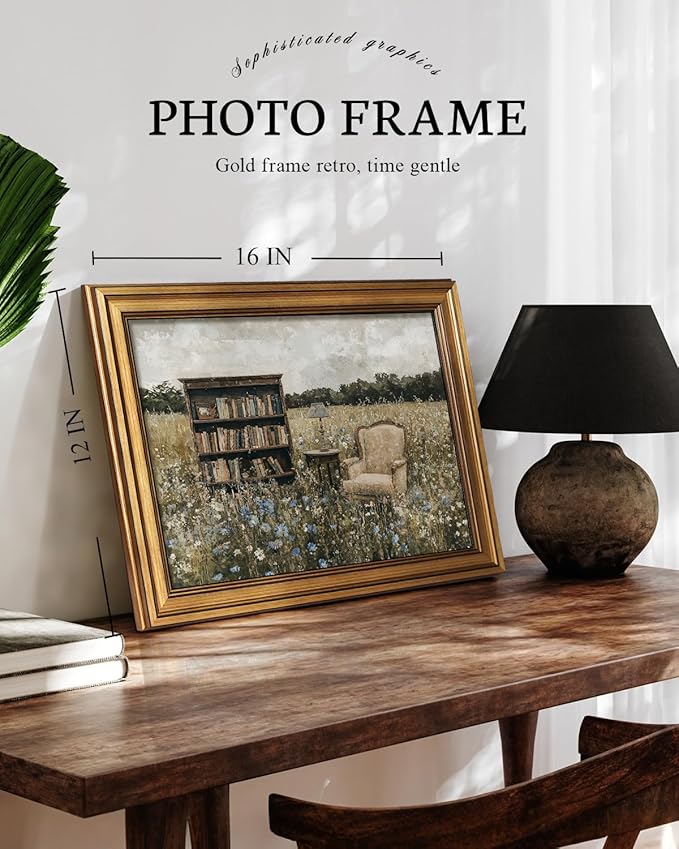 VIYYIEA Vintage Gold Framed Wall Art for Living Room, Books Canvas Prints Home Decor, Fantasy Painting Picture, Bedroom Wall Decor Gifts for Friends or Family -【The Garden of Spirit】-(16L x 12W)