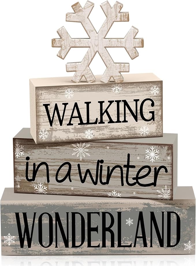Moucuny 4 Pcs Winter Table Decorations Wooden Snowflake Decor Winter Tiered Snow Tray Decor Rustic Block Signs Gift Farmhouse Christmas Centerpiece for Wonderland Party Kitchen Shelf Home