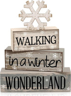 Moucuny 4 Pcs Winter Table Decorations Wooden Snowflake Decor Winter Tiered Snow Tray Decor Rustic Block Signs Gift Farmhouse Christmas Centerpiece for Wonderland Party Kitchen Shelf Home