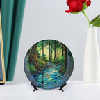 Stained Glass Theme Decorative Ceramic Plate Round Porcelain Plate,7 inch,Sunrise Forest Stream Pattern,for Decorative Ornaments Giving Plates, 1 Plate with 1 Display Stand,Green Blue Gold