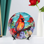Decorative Plates for Home Decor, Winter Bird Stained Glass Design Decor Tray for Table Display, Ceramic Dinner Plate W/Stand, Living Room Dining Room Decor, Gifts for Loss of Loved, 8 Inch