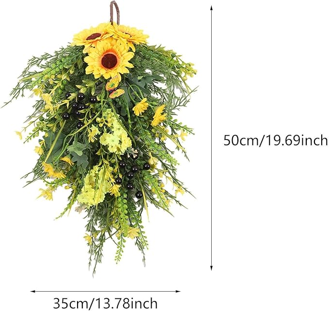 Artificial Flower Teardrop Swag Wreath Handmade with Sunflower Hyacinth Garland Simulation Flowers Hanging Plant Decorative Welcome Sign Suitable for