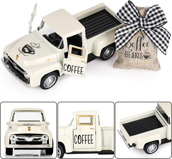 Coffee Decor for Coffee Bar Metal Truck with Coffee Beans Burlap Sack Vintage Pickup Mini Diecast Truck for Farmhouse Coffee Station Home Coffee Bar Tabletop Decorations
