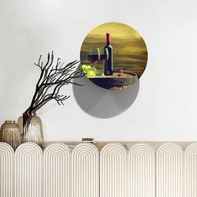 Decorative Plate Holder, 6 Inch, Goblet And Fruit On Wine Barrel Round Display Plate, Table Top Plate Decor with Stand, Ceramic Craft for Wall Hanging Decorative