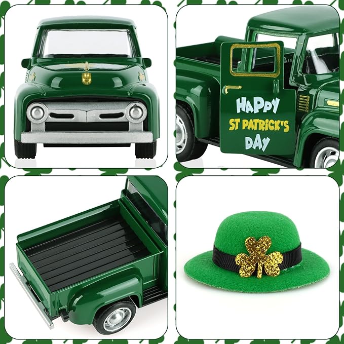 Four Leaf Grasses Metal Truck with Green Hat St Patrick’s Day Decorations Farmhouse Vintage Green Metal Truck Decor, Irish Party Decorations Vintage Collectible Car for Desk Bookshelf