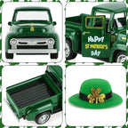 Four Leaf Grasses Metal Truck with Green Hat St Patrick’s Day Decorations Farmhouse Vintage Green Metal Truck Decor, Irish Party Decorations Vintage Collectible Car for Desk Bookshelf