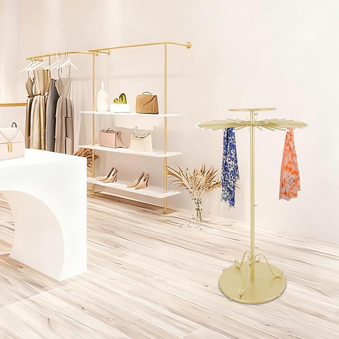 Scarf Display Stand, Commercial Hijab Organizer with 30 Rods, 360°Rotation Scarf Holder Display Rack Organizer for Boutique Retail Store, Apartment, Home Use (Gold, 27.6'')