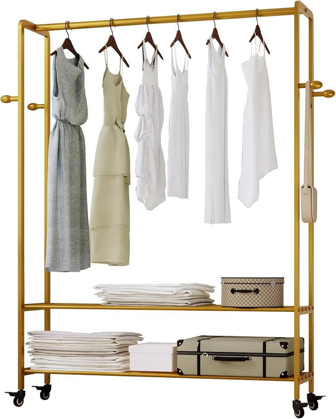 Gold Rolling Garment Rack with Shelves and Hooks,Freestanding Modern Clothing Rack with Wheels,Large Clothes Hanging Rack for Bedroom,Closet,Entryway,Wardrobe,Boutique Display