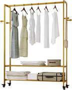 Gold Rolling Garment Rack with Shelves and Hooks,Freestanding Modern Clothing Rack with Wheels,Large Clothes Hanging Rack for Bedroom,Closet,Entryway,Wardrobe,Boutique Display